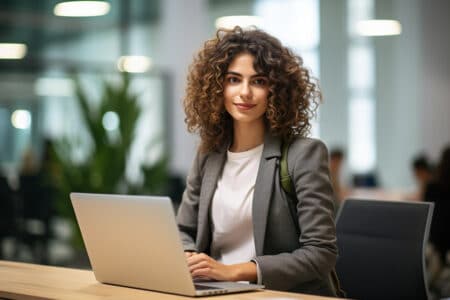 all images woman sitting desk laptop